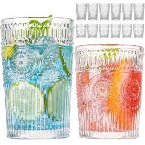 wookgreat vintage drinking glasses set of 12, textured clear striped glass cups-6 highball glasses 13oz & 6 rocks glasses 10oz, ribbed glassware set, mojito cups, cocktail glass, iced coffee cup