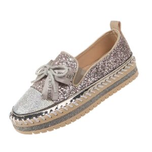 kctrfsj women's rhinestones glitter bow platform sneaker,handmade flat casual slip on loafers,comfort low top walking shoes (pink,6,6)