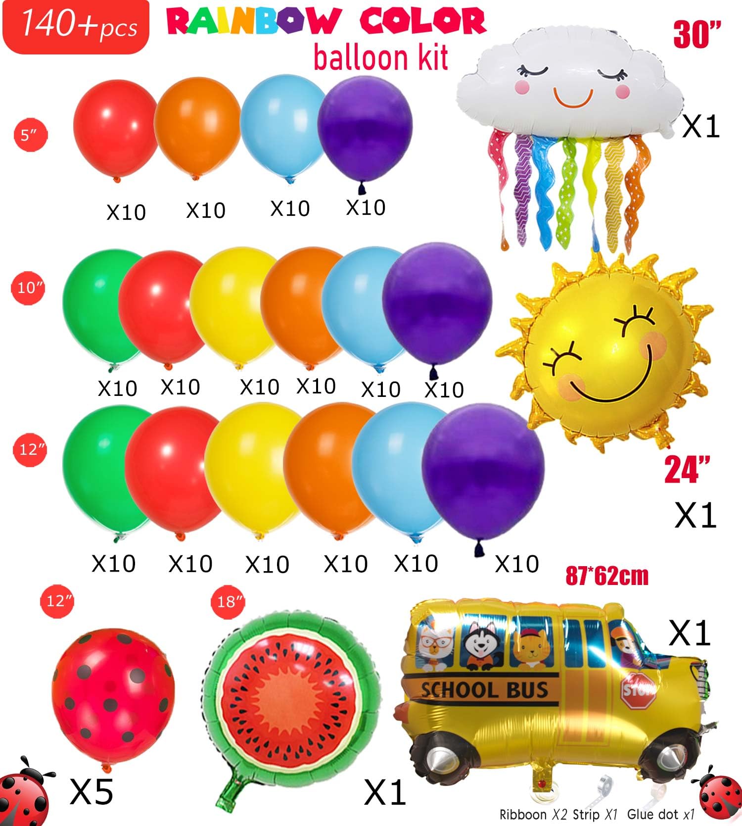 Rainbow Balloon Garland Arch Kit 140pcs Assorted Colors with Watermelon School bus Sun and Cloud Mylar balloons for Watermelon Birthday Party back to school Decorations