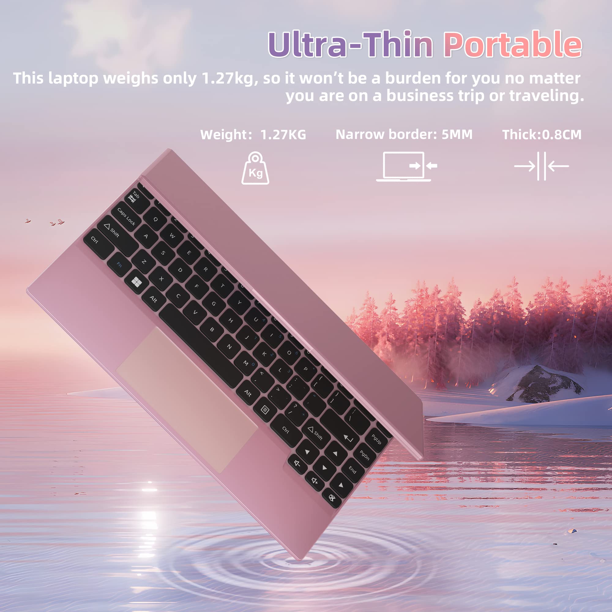 Nmybwo Win 11 Pro 14.1" Pink Laptop 8GB DDR4 RAM 256GB SSD Celeron J4105 CPU 4-Core(UP to 2.5Ghz)/1920 x 1080 IPS FHD Display/High-Performance Ultra-Thin Portable Computer (8GB+256GB)