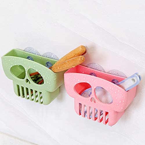 JIAWEIIY Creative Skull Shape Sponge Holder Drain Rack for Kitchen Sink Suction Cup Plastic Brush Caddy Storage Box Shelf Liquid Drainer (B)