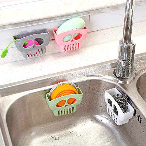 JIAWEIIY Creative Skull Shape Sponge Holder Drain Rack for Kitchen Sink Suction Cup Plastic Brush Caddy Storage Box Shelf Liquid Drainer (B)