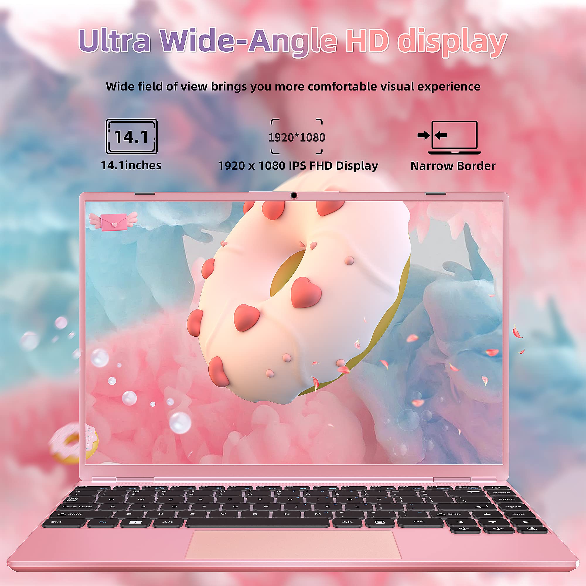 Nmybwo Win 11 Pro 14.1" Pink Laptop 8GB DDR4 RAM 256GB SSD Celeron J4105 CPU 4-Core(UP to 2.5Ghz)/1920 x 1080 IPS FHD Display/High-Performance Ultra-Thin Portable Computer (8GB+256GB)