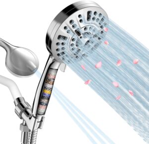 filtered shower head, 15 stage handheld shower head filter for hard water, 10 modes high pressure shower head with 60" hose and bracket, remove chlorine and harmful substance