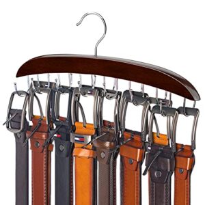 belt hanger, 14 hooks belt holder for closet, wooden tie/belt rack for storage, 360°rotating belts organizer for closet space save organizer for tie, tank top, scarf-walnut wood with chrome hooks