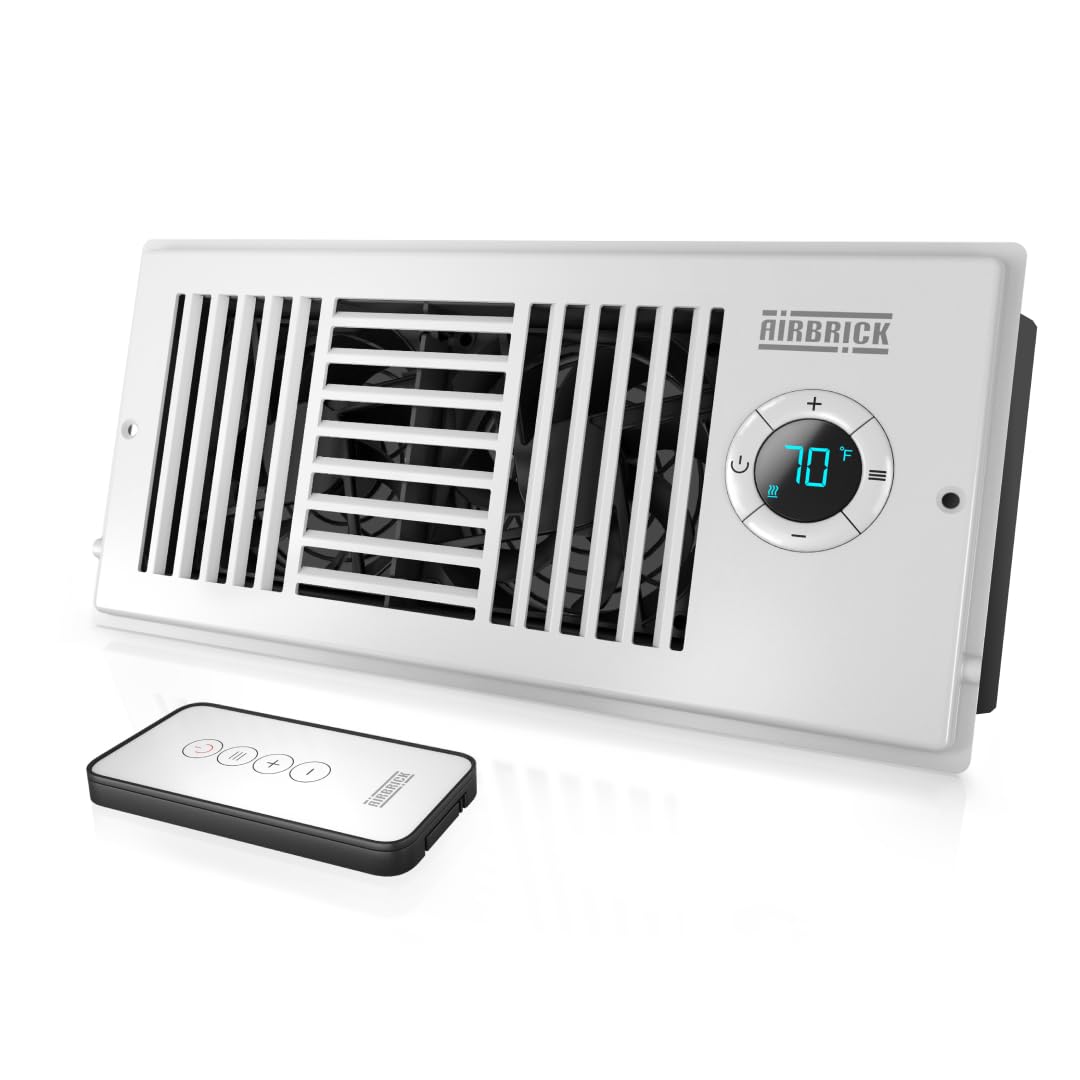 Airbrick Smart 4" x 10" AC Vent Register Booster Fan with Remote Control and Thermostat. Enhances HVAC Airflow for Heating, Cooling in Bedroom and Other Rooms, for Wall and Floor Register, White