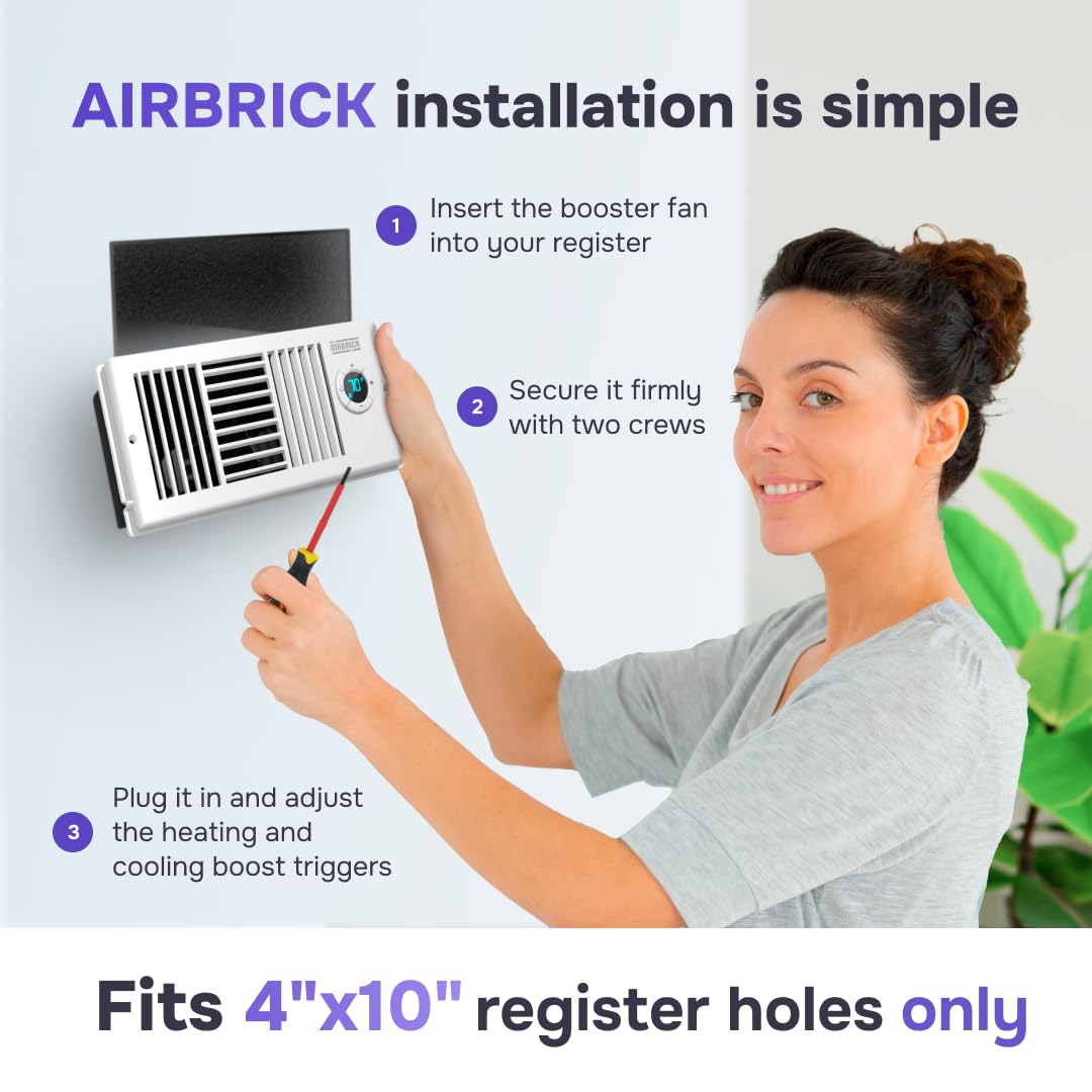 Airbrick Smart 4" x 10" AC Vent Register Booster Fan with Remote Control and Thermostat. Enhances HVAC Airflow for Heating, Cooling in Bedroom and Other Rooms, for Wall and Floor Register, White