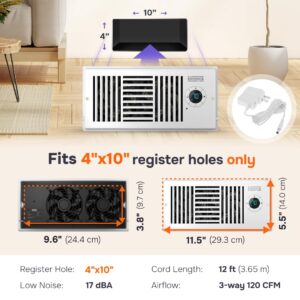 Airbrick Smart 4" x 10" AC Vent Register Booster Fan with Remote Control and Thermostat. Enhances HVAC Airflow for Heating, Cooling in Bedroom and Other Rooms, for Wall and Floor Register, White