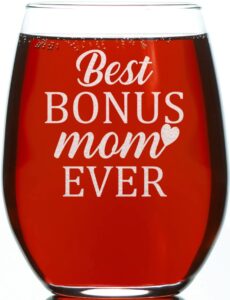 carvelita best bonus mom ever, 15oz stemless wine glass, mother's day gift for stepmom, from daughter, son, birthday gift for bonus mom