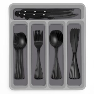 48-piece black silverware set with organizer, black flatware set with steak knives for 8, food-grade stainless steel tableware cutlery set, mirror finished utensil sets for home restaurant