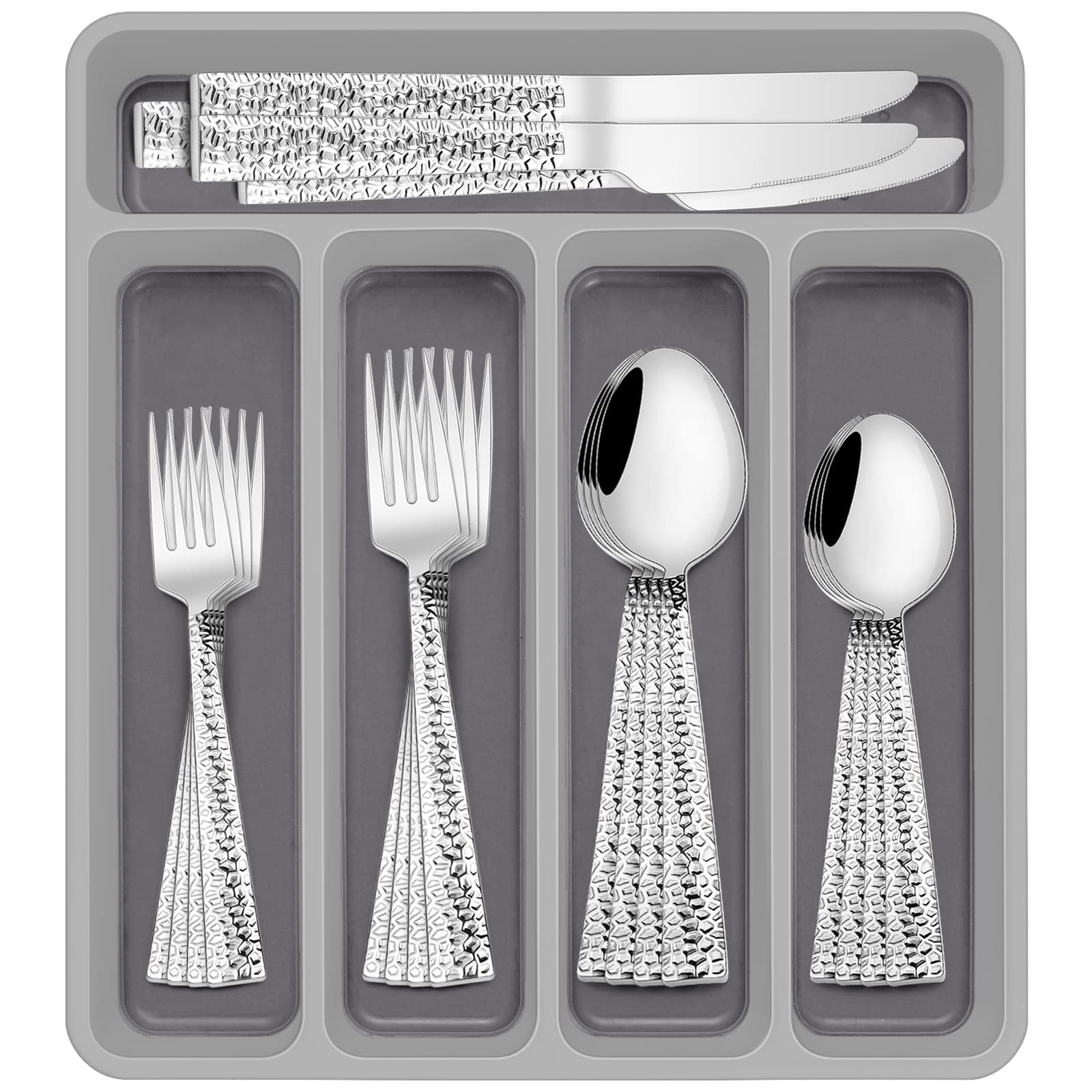 40-Piece Hammered Silverware Set with Organizer, Stainless Steel Square Flatware Set for 8, Food-Grade Tableware Cutlery Set, Utensil Sets for Home Restaurant, Mirror Finish, Dishwasher Safe