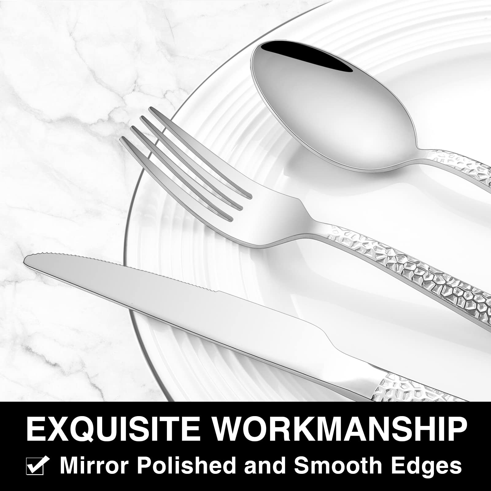 40-Piece Hammered Silverware Set with Organizer, Stainless Steel Square Flatware Set for 8, Food-Grade Tableware Cutlery Set, Utensil Sets for Home Restaurant, Mirror Finish, Dishwasher Safe