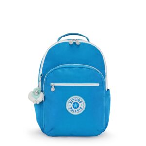 kipling women's seoul 15" laptop backpack, durable, roomy with padded shoulder straps, built-in protective sleeve, eager blue fun, 13.75''l x 17.25''h x 8''d