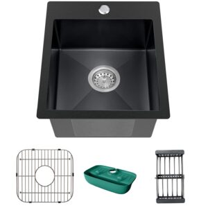 Black Kitchen Sink, Stainless Steel Topmount Bar Sink 15x17x9 Inch Single Bowl Drop In Kitchen Sink Combo-Stainless Steel Sink Grid,Drain Basket,Faucet Mat,Drain Strainer Set for Modern Kitchen Sink