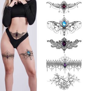 roarhowl lace tattoos, large sexy temporary tattoo set, temporary tattoos for women, belly back waist thigh body art fake tattoos (set 1)