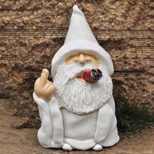 Lethogety Middle Finger Figurine Ornaments, Funny Garden Gnomes Outdoor Statues 5.9 Inch Naughty Smoking Wizard Dwarf Sculpture Decoration for Lawn Patio Outside Yard Decor Housewarming Easter Gift