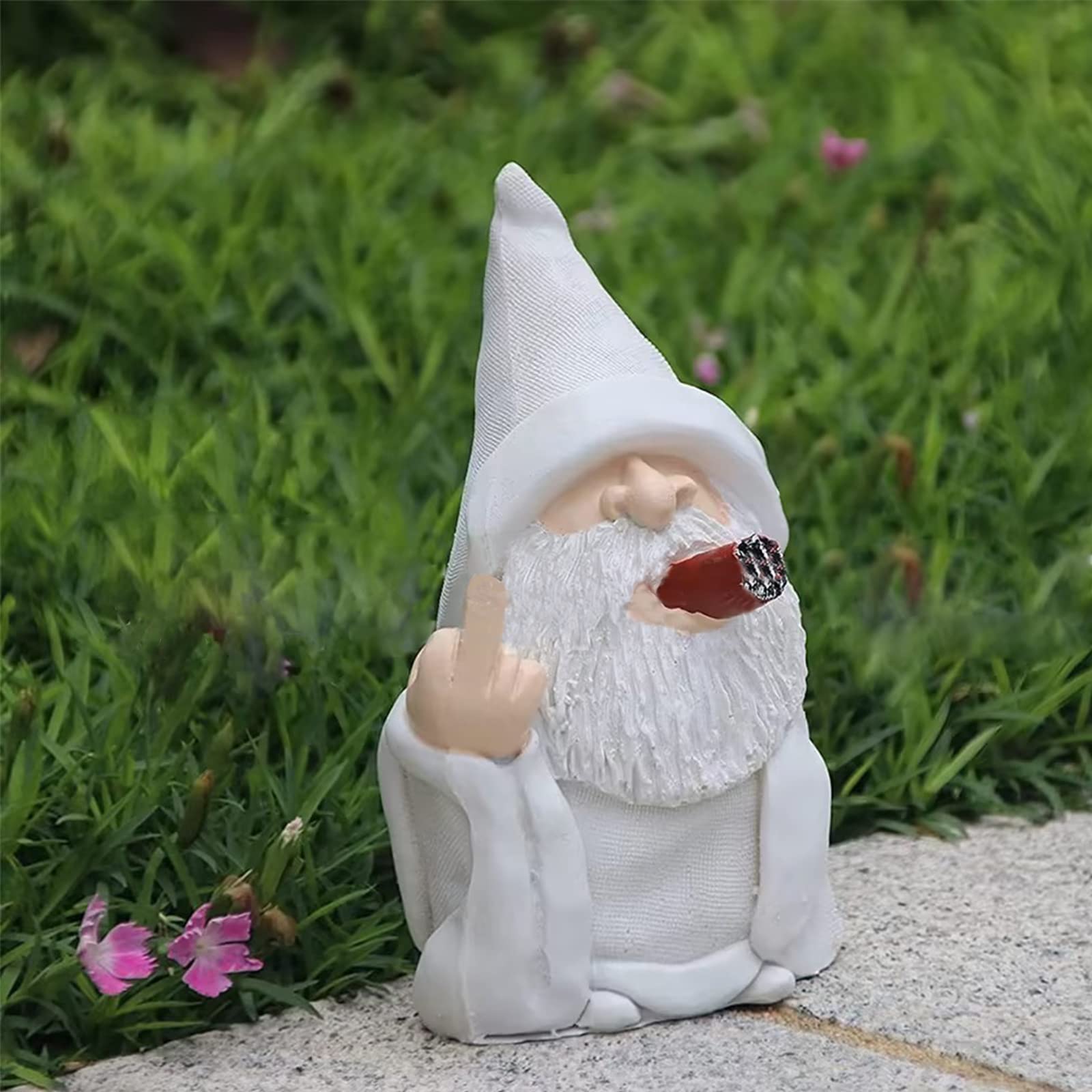 Lethogety Middle Finger Figurine Ornaments, Funny Garden Gnomes Outdoor Statues 5.9 Inch Naughty Smoking Wizard Dwarf Sculpture Decoration for Lawn Patio Outside Yard Decor Housewarming Easter Gift