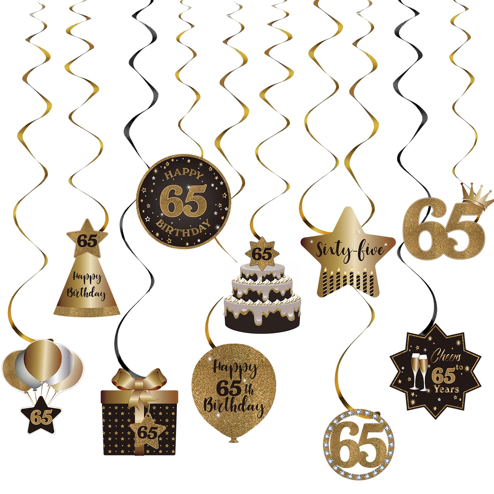 Happy 65th Birthday Party Hanging Swirls Streams Ceiling Decorations, Celebration 65 Foil Hanging Swirls with Cutouts for 65 Years Old Black and Gold Birthday Party Decorations Supplies
