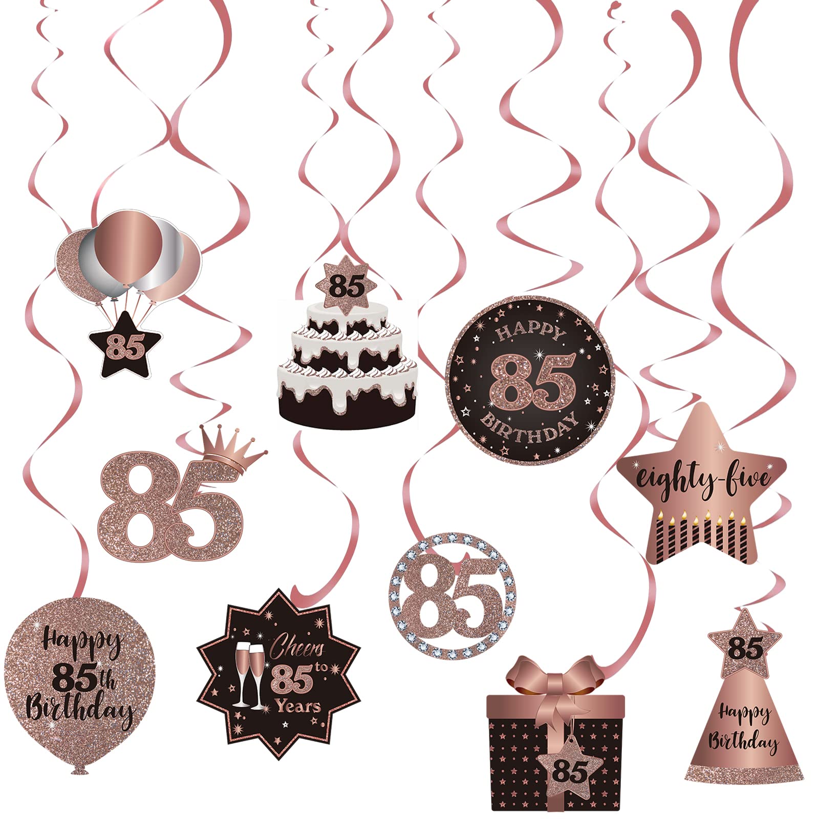 Happy 85th Birthday Party Hanging Swirls Streams Ceiling Decorations, Celebration 85 Foil Hanging Swirls with Cutouts for 85 Years Old Rose Gold Birthday Party Decorations Supplies