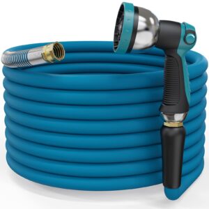 gnimihz heavy duty garden hose 50 ft x 5/8 in, reinforced water hose with 10 patterns sprayer nozzle, 3/4" solid brass fittings, drinking water safe material, all-weather, burst 600 psi