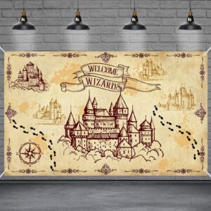 wizard party decorations backdrop, magical wizard party backdrop, vintage castle decor for welcome wizard decoration halloween witch party supplies, photo booth party supplies wall decorations