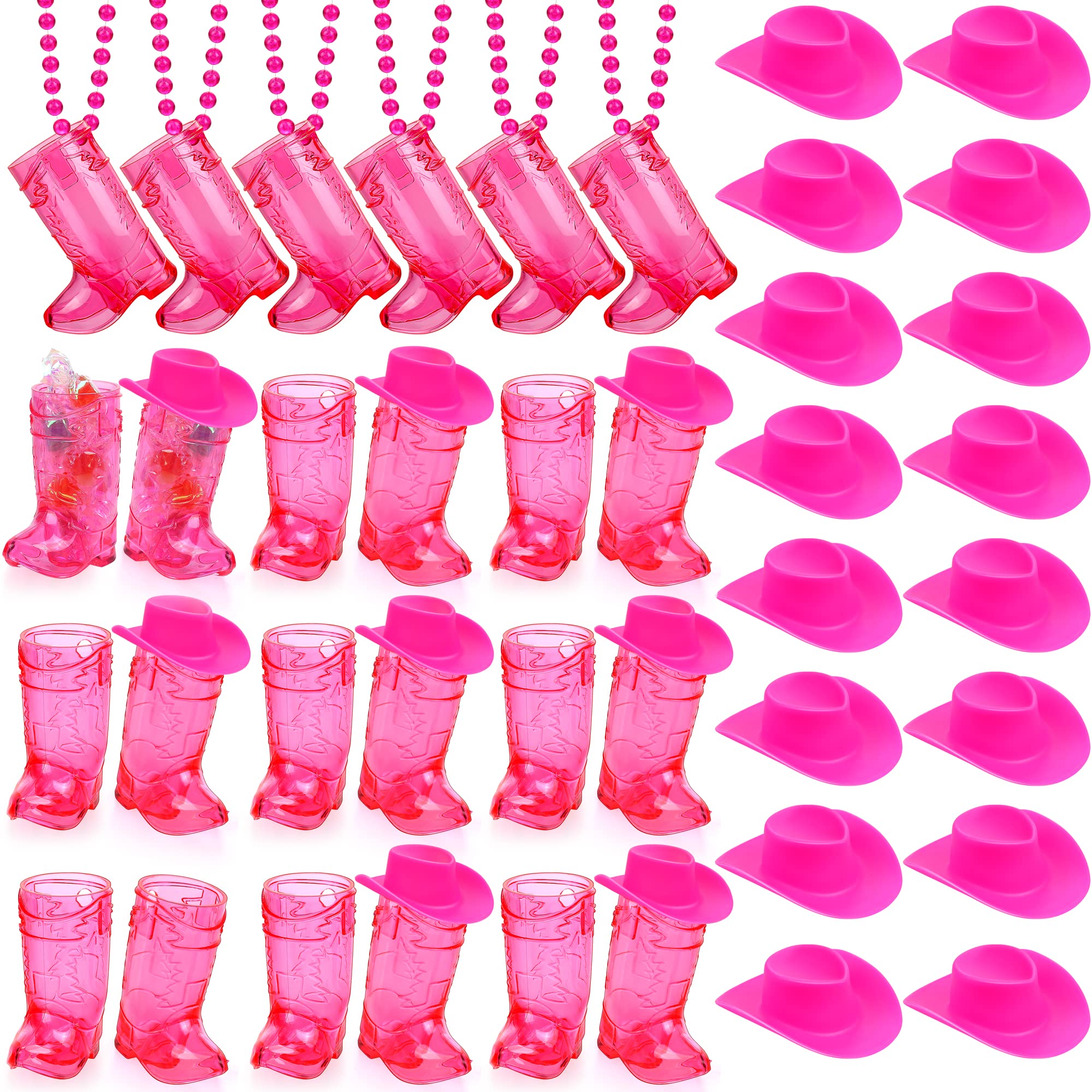 durony 72 Pieces Mini Cowgirl Boot Glasses on Beaded Necklace Mini Western Cowgirl Hat and Plastic Cowgirl Shot Glass Cup Hot Pink Bachelorette Glasses for Bachelorette Carnival Party Birthday Wedding