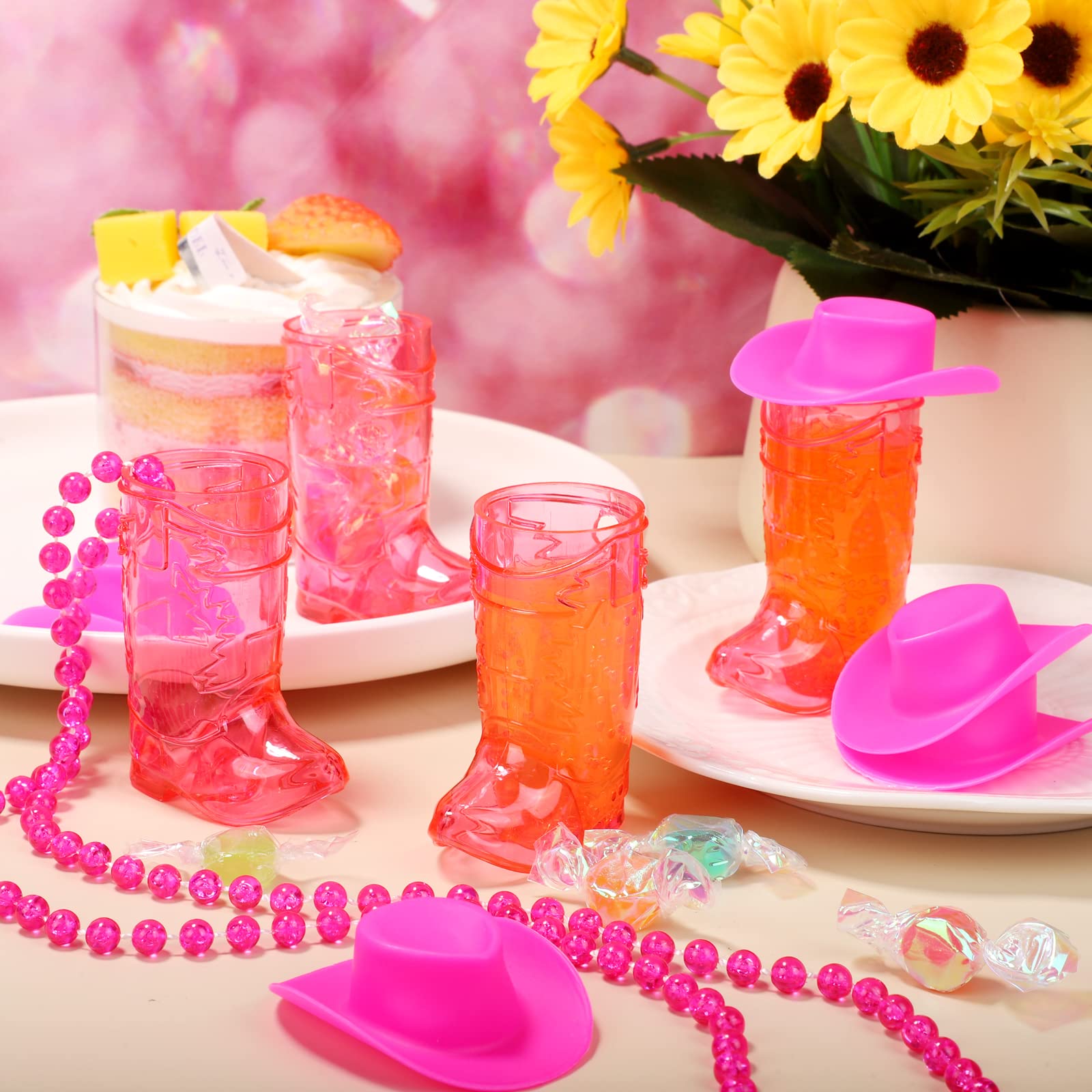 durony 72 Pieces Mini Cowgirl Boot Glasses on Beaded Necklace Mini Western Cowgirl Hat and Plastic Cowgirl Shot Glass Cup Hot Pink Bachelorette Glasses for Bachelorette Carnival Party Birthday Wedding
