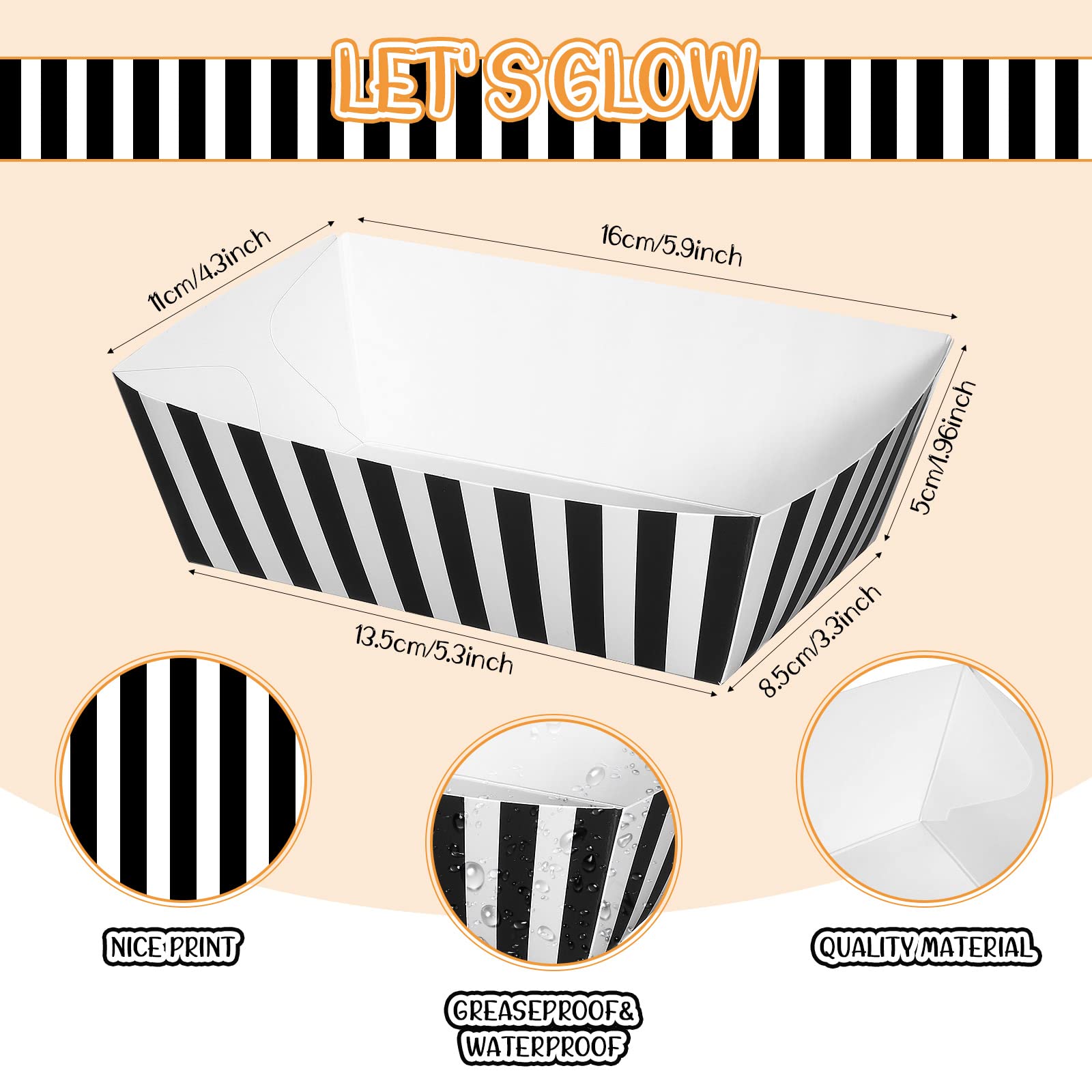 Rtteri 50 Pcs Carnival Party Paper Food Trays with Greaseproof Liner Paper Bulk Striped Circus Party Snack Disposable Food Boats for Carnival Circus Food Truck Party Supplies (Black and White Stripes)