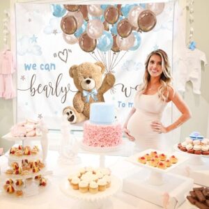 Imirell Bear Baby Shower Backdrop 8Wx6H Feet We Can Bearly Wait for Boys Balloons Gold Dots Cute Cartoon Polyester Fabric Newborn Photography Backgrounds Photo Shoot Decor Props Decoration