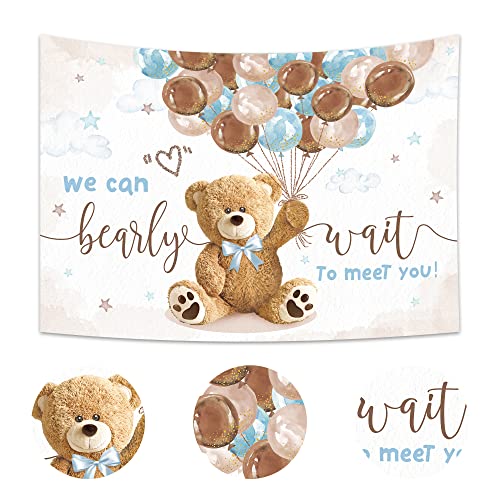 Imirell Bear Baby Shower Backdrop 8Wx6H Feet We Can Bearly Wait for Boys Balloons Gold Dots Cute Cartoon Polyester Fabric Newborn Photography Backgrounds Photo Shoot Decor Props Decoration