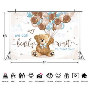 Imirell Bear Baby Shower Backdrop 8Wx6H Feet We Can Bearly Wait for Boys Balloons Gold Dots Cute Cartoon Polyester Fabric Newborn Photography Backgrounds Photo Shoot Decor Props Decoration