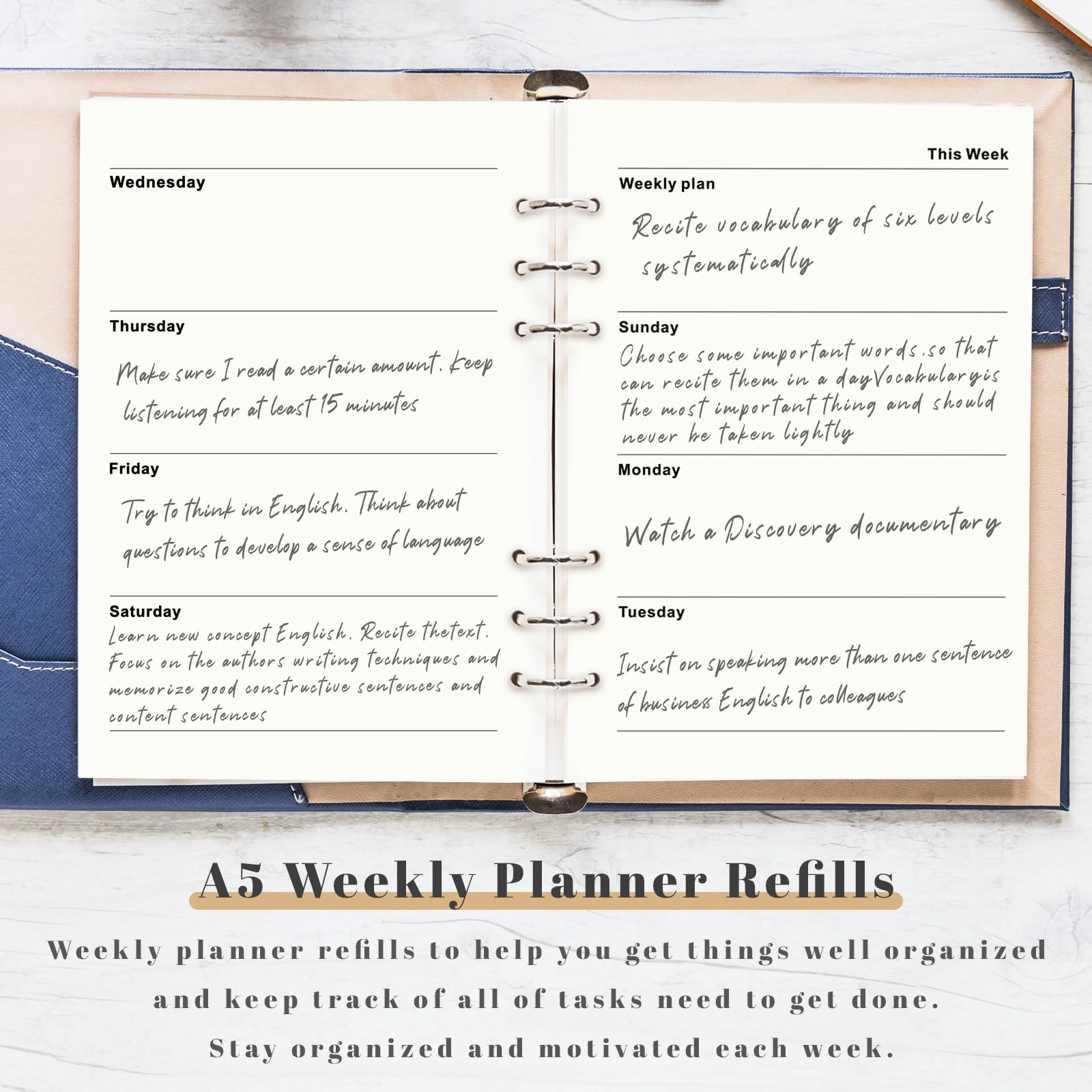 A5 Weekly Planner Insert Refill Paper - 135 Sheets/270 Pages 6 Holes Punched, 100GSM, Sunday Started, Office College Filler Paper,Yellow Loose-leaf Binder Paper, 5.8" x 8.3"