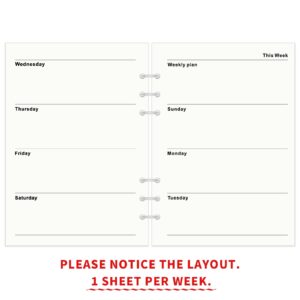 A5 Weekly Planner Insert Refill Paper - 135 Sheets/270 Pages 6 Holes Punched, 100GSM, Sunday Started, Office College Filler Paper,Yellow Loose-leaf Binder Paper, 5.8" x 8.3"