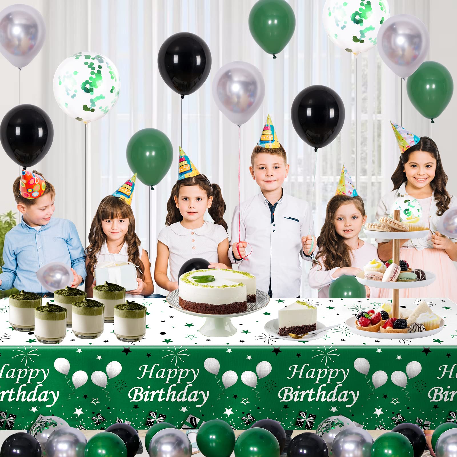 Birthday Decorations for Men Women, Green Black Birthday Party Decorations Happy Birthday Backdrop Banner Latex Confetti Balloons Disposable Tablecloth Boys Girls Bday Party Supplies