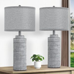 set of 2 ceramic table lamps, modern 25.5”tall bedside lamps with grey fabric shade, farmhouse desk lamps with rotary switch, vintage nightstand lamps for bedroom living room home office study hotel