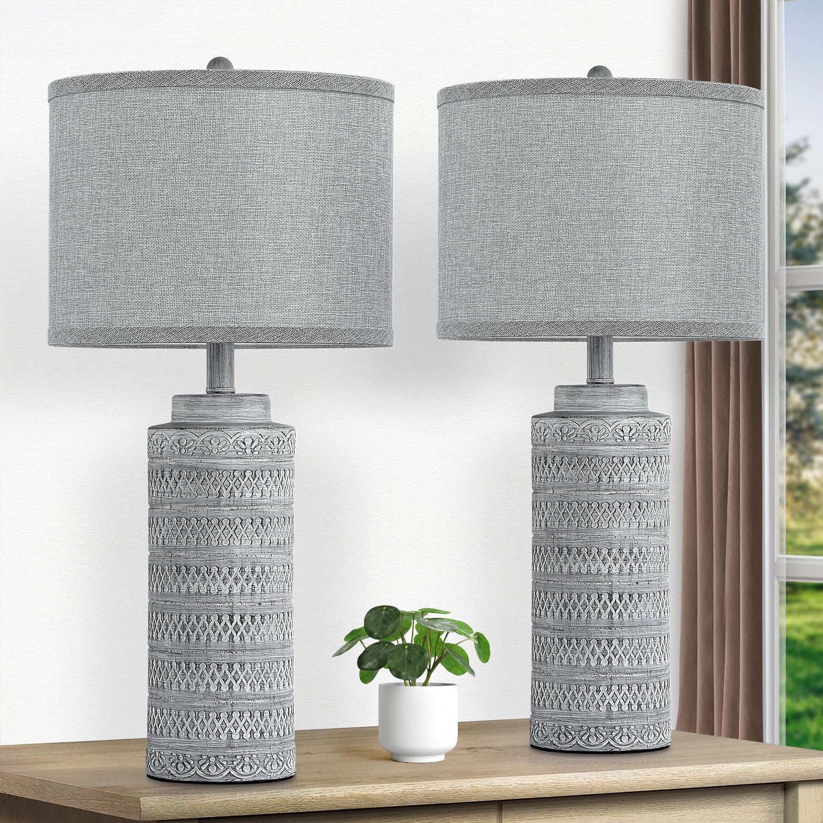 Set of 2 Ceramic Table Lamps, Modern 25.5”Tall Bedside Lamps with Grey Fabric Shade, Farmhouse Desk Lamps with Rotary Switch, Vintage Nightstand Lamps for Bedroom Living Room Home Office Study Hotel