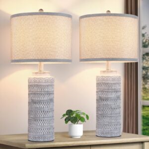 Set of 2 Ceramic Table Lamps, Modern 25.5”Tall Bedside Lamps with Grey Fabric Shade, Farmhouse Desk Lamps with Rotary Switch, Vintage Nightstand Lamps for Bedroom Living Room Home Office Study Hotel