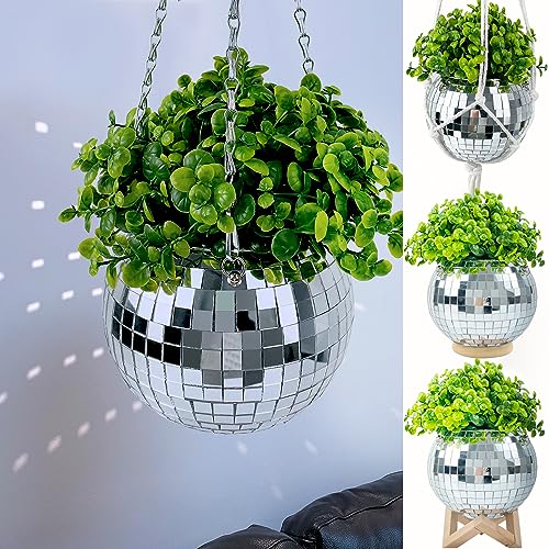 Disco Ball Planter, 6" Creative Mirror Ball Hanging Planters for Indoor Plants with Chain, Macrame Rope, Wooden Stand, Disco Ball Plant Hanger for Valentine's Decorations Hanging Plant, 1 piece