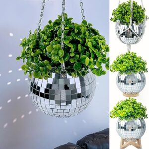 disco ball planter, 6" creative mirror ball hanging planters for indoor plants with chain, macrame rope, wooden stand, disco ball plant hanger for valentine's decorations hanging plant, 1 piece