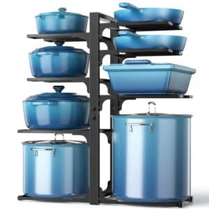 ordora pots and pans organizer: under cabinet, 21" height heavy duty 120lbs pots pans organizer rack for under cabinet 8-tier adjustable for big stockpots, dutch ovens, cast-iron pans, heavy cookware
