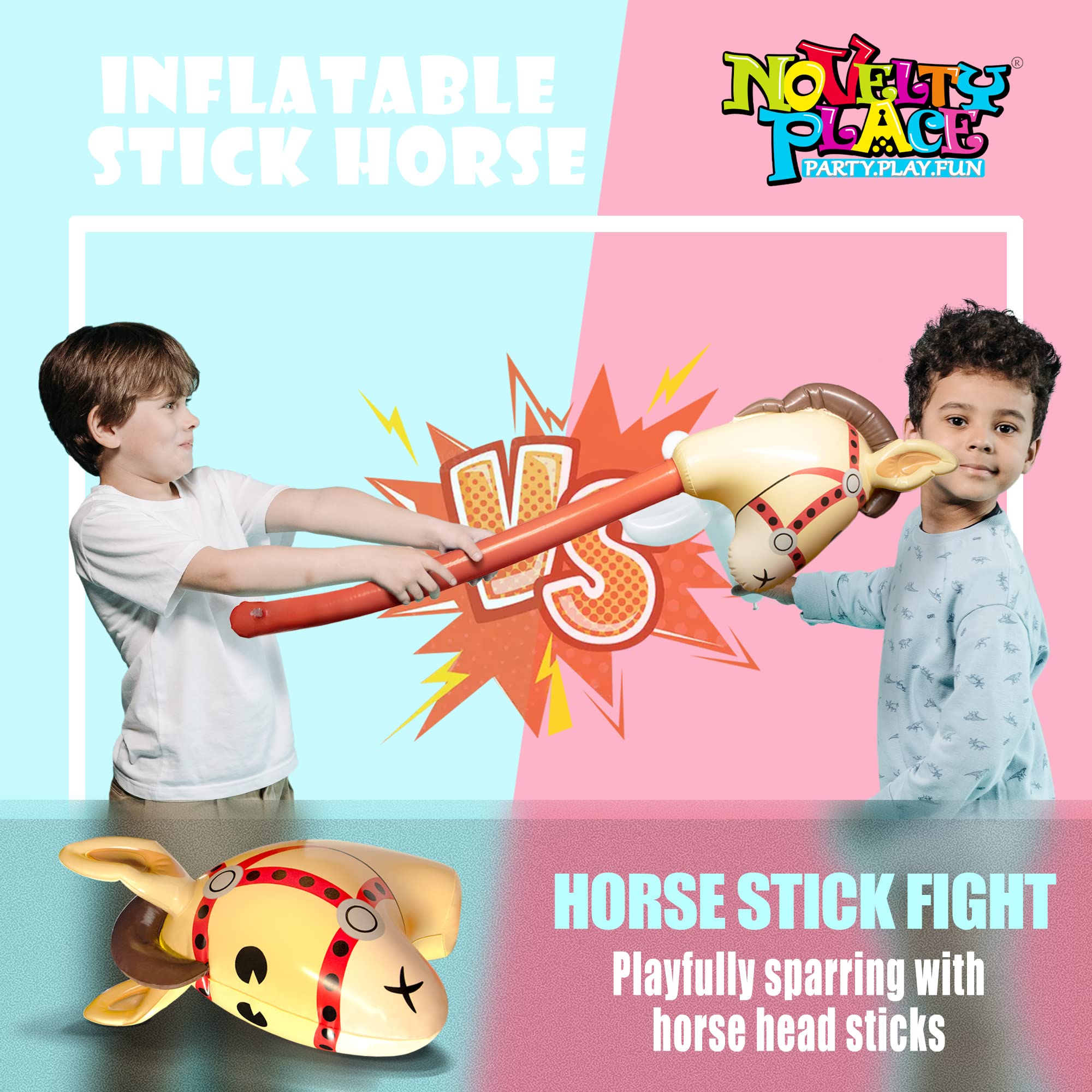 Novelty Place 4 Pcs Inflatable Stick Horse Toy - 38 Inches Inflate Horsehead Balloons for Boys and Girls, Perfect for Cowboy Themed Parties, Decorations, and Imaginative Playtime