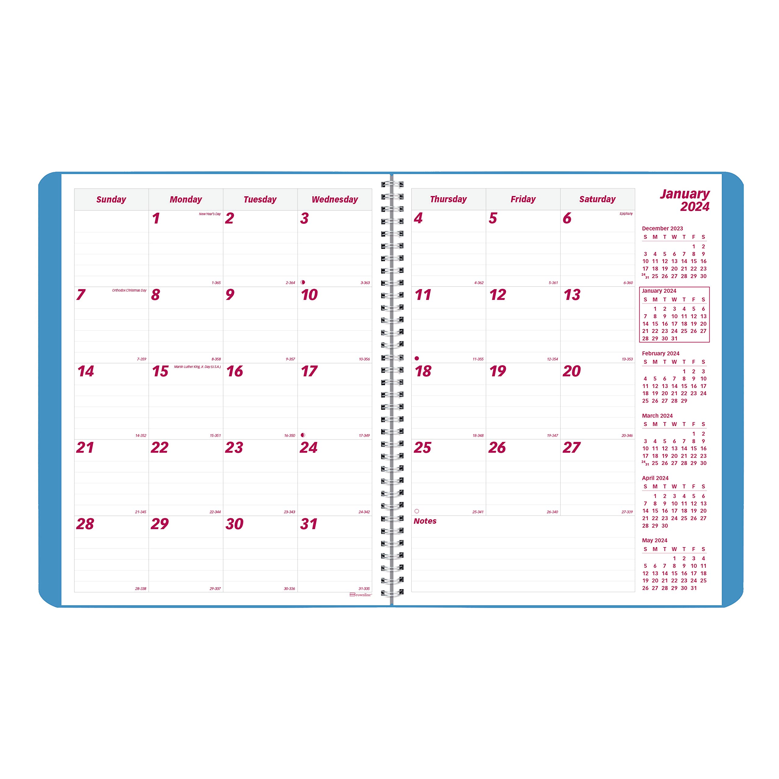Brownline 2024 Essential Monthly Planner, 14 Months, December 2023 to January 2025, Twin-Wire Binding, 11" x 8.5", Mountain Blue (CB1262G.04-24)