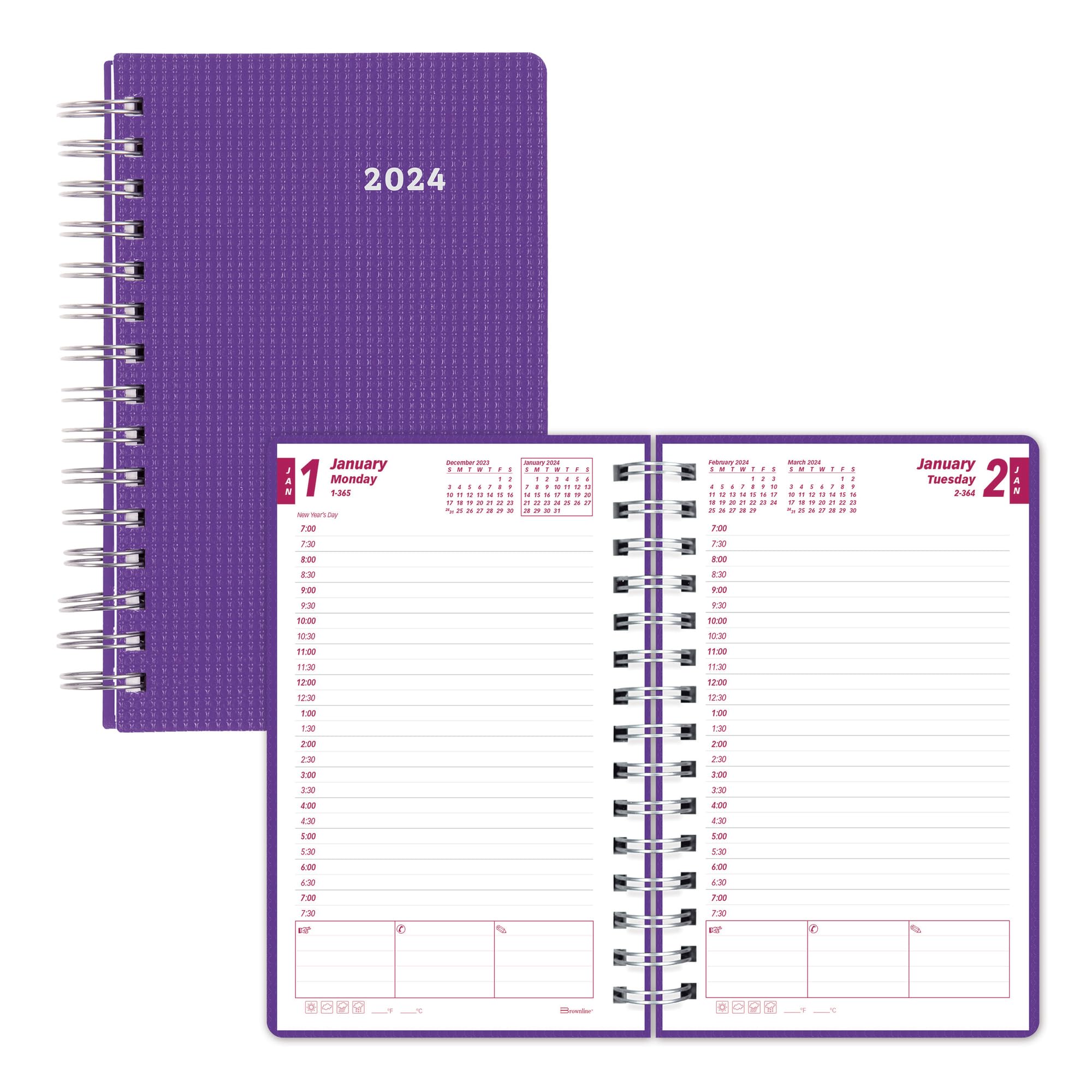 Brownline 2024 DuraFlex Daily/Monthly Planner, Appointment Book, 12 Months, January to December, Twin-Wire Binding, 8" x 5", Purple (CB634V.PUR-24)