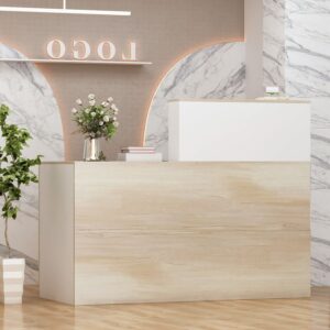 famapy reception desk retail counter with lockable drawer & shelves, front counter desk reception counter table for salon lobby shop white and oak (55.1”w x 23.6”d x 43.3”h)