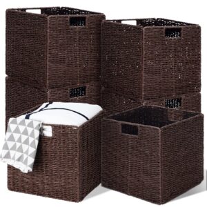 panelee 6 pack wicker storage baskets foldable wicker baskets for storage hand-woven willow rope 11x11x11 inch square cube storage bins organizer for shelves organizing decor laundry pantry (brown)