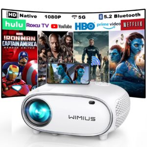 projector with 5g wifi & 5.2 bluetooth, wimius 480 ansi projector 4k native 1080p mini projector, hd video projector supports 4p/4d keystone & 50% zoom, for hdmi, vga, usb, laptop, ios & android phone