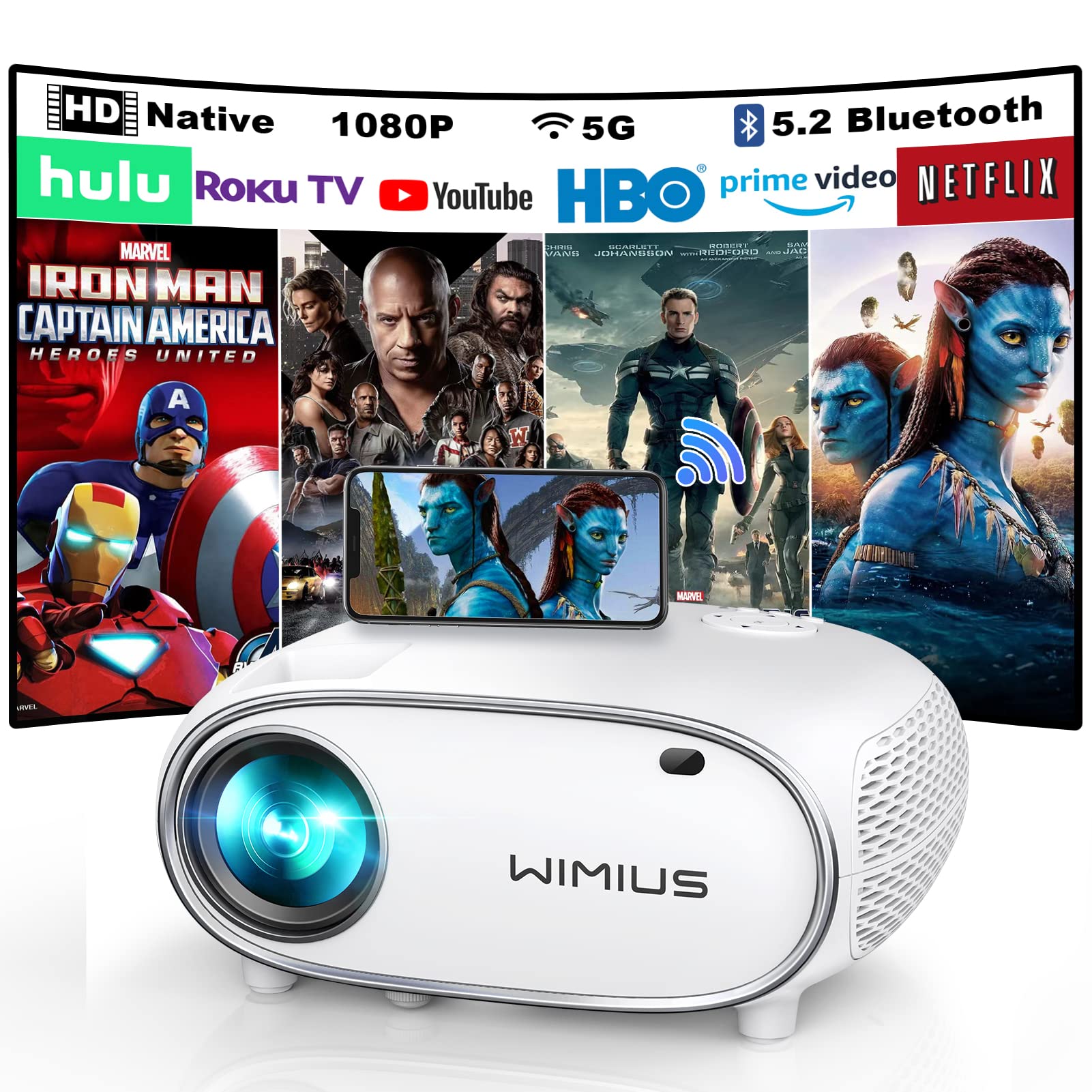 Projector with 5G WiFi & 5.2 Bluetooth, Wimius 480 ANSI Projector 4K Native 1080P Mini projector, HD Video Projector Supports 4P/4D Keystone & 50% Zoom, for HDMI, VGA, USB, Laptop, iOS & Android Phone