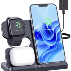 3 IN1 Wireless Charging Station Apple,20W Fast Wireless Charger Stand, iPhone Wireless Charger Station Dock for iPhone14-11/Pro/Max/Mini/X/XR/8/Plus,Airpods Pro/3/2,Apple Watch Series (18W Adapter)