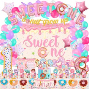 lxlucktim donut birthday party supplies for 1 year old girl, 150 pcs sweet one party decorations for girls baby - backdrop, tablecloth, crown, poster