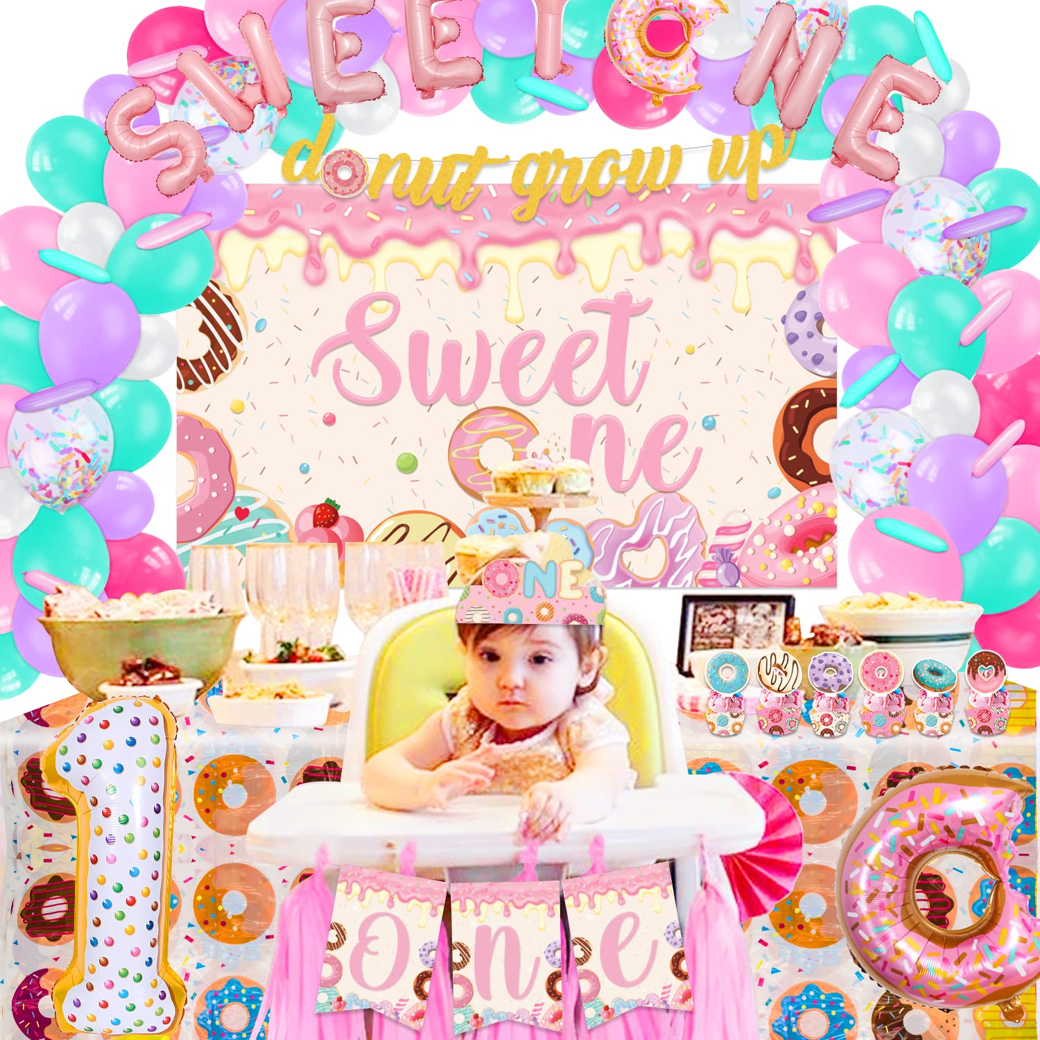 LXlucktim Donut Birthday Party Supplies for 1 Year Old Girl, 150 Pcs Sweet One Party Decorations for Girls Baby - Backdrop, Tablecloth, Crown, Poster